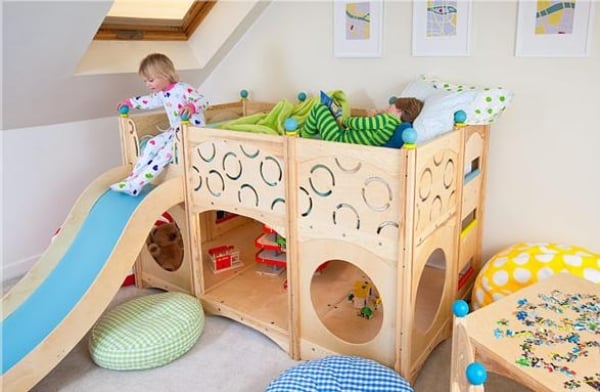 chambre pour enfant lit-mezzanine-toboggan-bois-solide