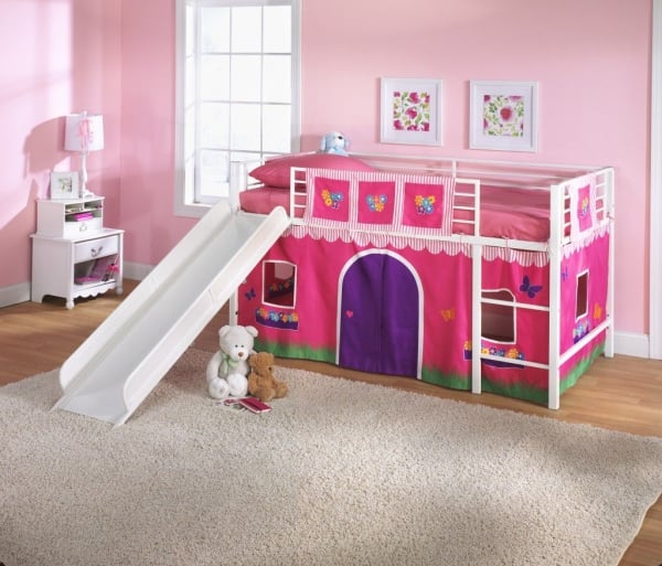 chambre pour enfant lit-mezzanine-toboggan-rose-blanc