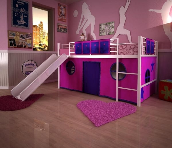 chambre pour enfant lit-mezzanine-toboggan-rose-bleu-déco-murale