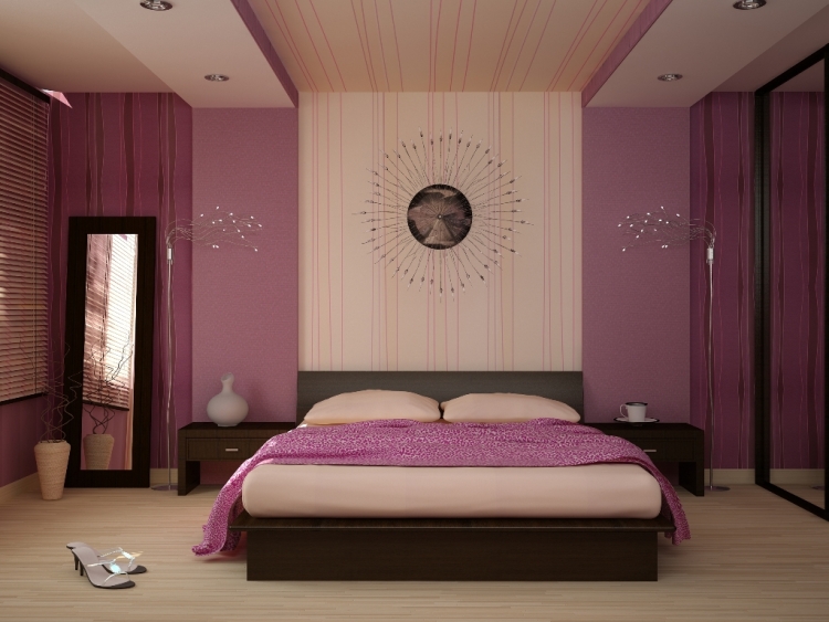 déco-murale-peinture-violet-horloge-design-lit