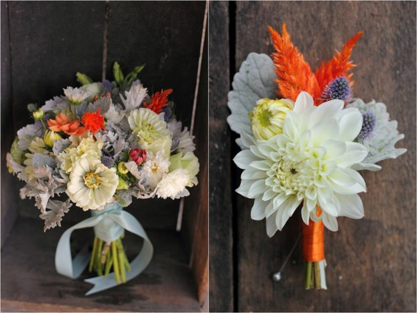 décoration-florale-belles-idées-fleurs-automne-petits-bouquets-blanches-orange