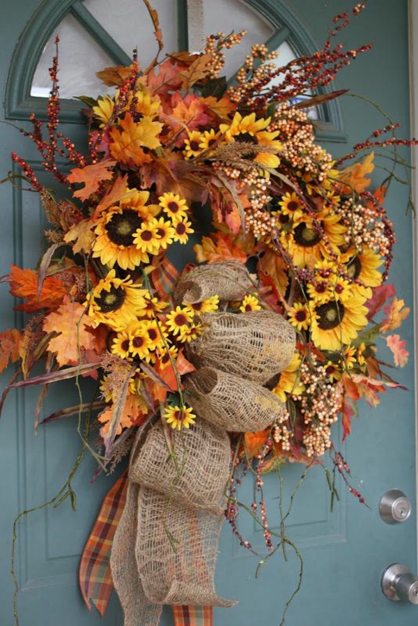 décoration-florale-belles-idées-fleurs-automne-tournesols-feuilles-séchées