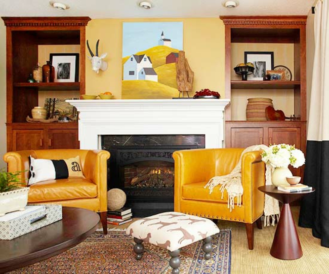 décoration-intérieure-inspirée-couleurs-automne-fauteuils-jaunes-cheminée décoration intérieure