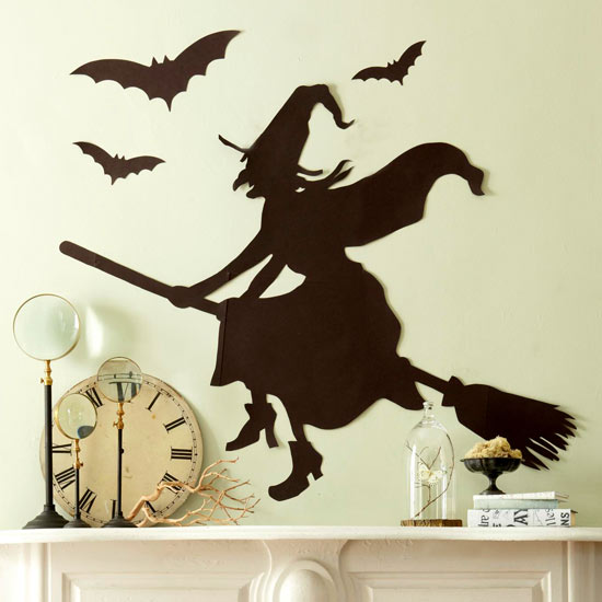 décoration murale Halloween silhouettes sorcière chauves-souris