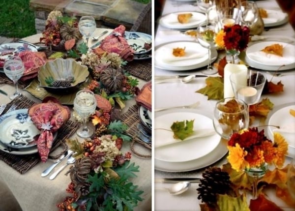 décoration de table en automne feuilles-sèches-couleurs-chaudes
