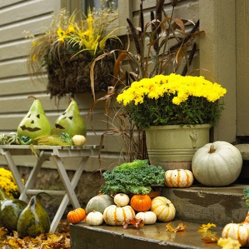 décoration-automnale-porche-idées-pratiques-citrouilles-fleurs