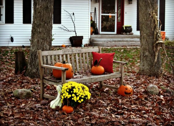 décoration-extérieur-automnale-idées-banc-coussins-citrouilles