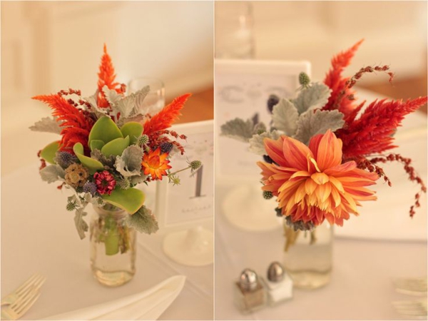 décoration-florale-belles-idées-fleurs-automne-petits-bouquets-orange-rouge