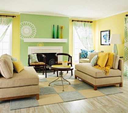 décoration-salon-moderne-look-estival-vert-jaune