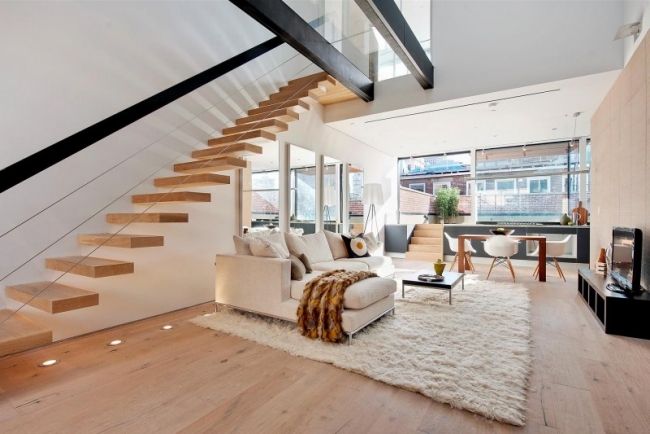 escalier-design-moderne-salon-marches-bois-flottant escaliers design et modernes
