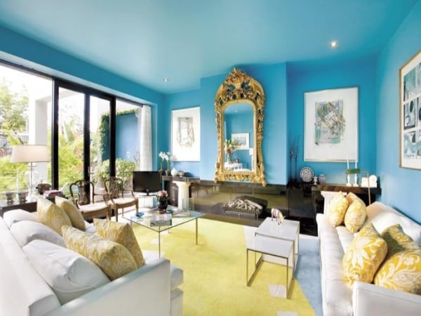 faux plafond moderne salon-blanc-bleu-jaune