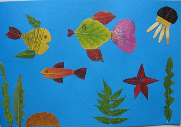 idée-bricolage-enfants-animaux-mer-poissons-feuilles-sèches