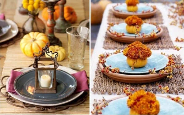 idée-décoration de table fête-automne-petits-bouqets-bougie-citrouilles