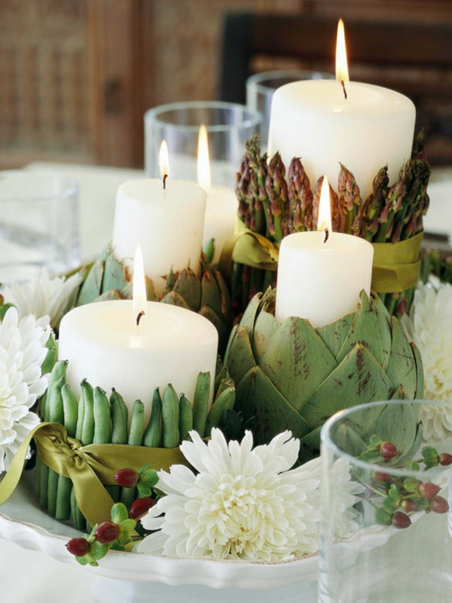 idée-originale-décoration-d'automne-bougies-haricots-verts