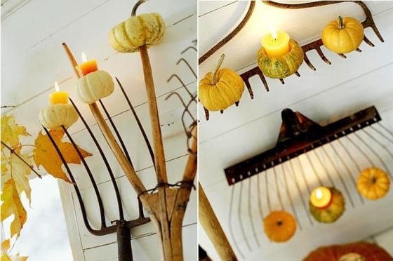 idée-originale-décoration-d'automne-citrouille-bougies-fourche