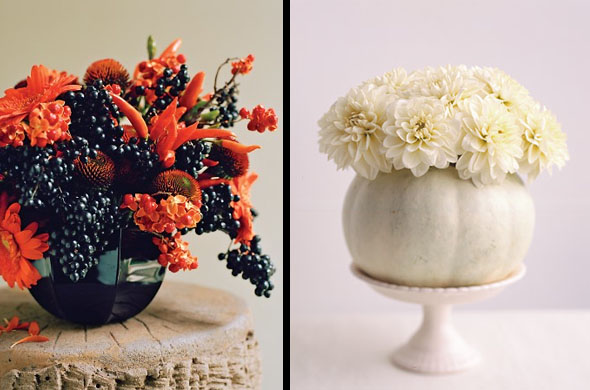 idée-originale-décoration-de-table-d'automne-bouquet-fleurs-citrouille-vase