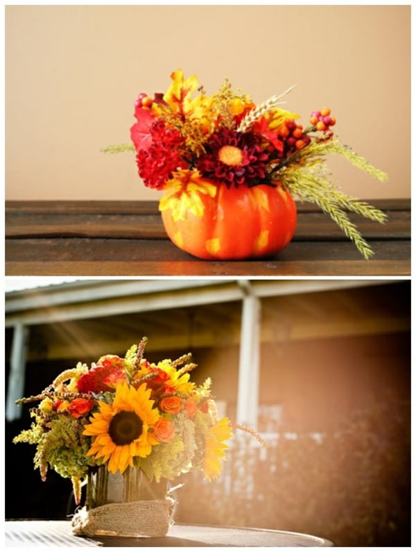 idée-originale-décoration-de-table-d'automne-citrouilles-bouquets-fleurs
