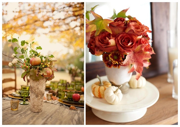 idée-originale-décoration-de-table-d'automne-roses-petites-citrouilles