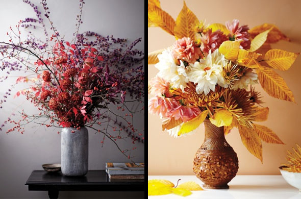 idée-originale-décoration-de-table-d'automne-vases-fleurs-feuilles-automnales