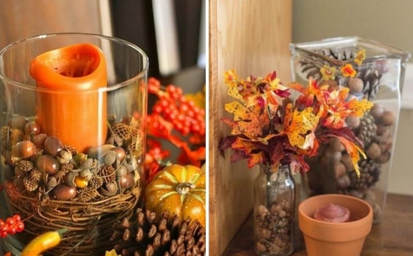 idées-DIY-décoration-automnale-glands-vases-bougies-feuilles-automnales