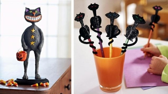idées-décoration-Halloween-chats-noirs-chauves-souris-papier-stylos