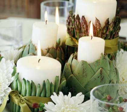 idée-originale-décoration-d'automne-bougies-haricots-verts