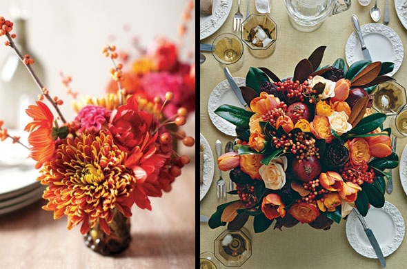 idée-originale-décoration-de-table-d'automne-bouquet-fleurs-roses
