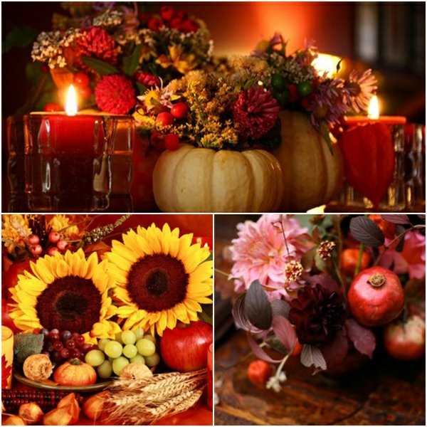 idée-originale-décoration-de-table-d'automne-tournesols-petites-citrouilles-bougies