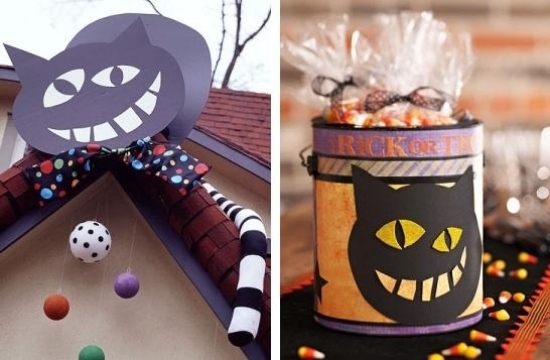 idées-décoration-Halloween-chats-noirs-chauves-souris-chat-Cheshire-boîte