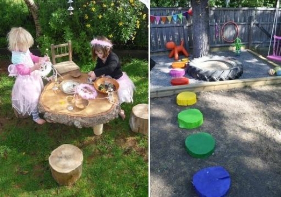 jeux de plein air pour enfants jouer-dînette-gué-troncs-multicolores