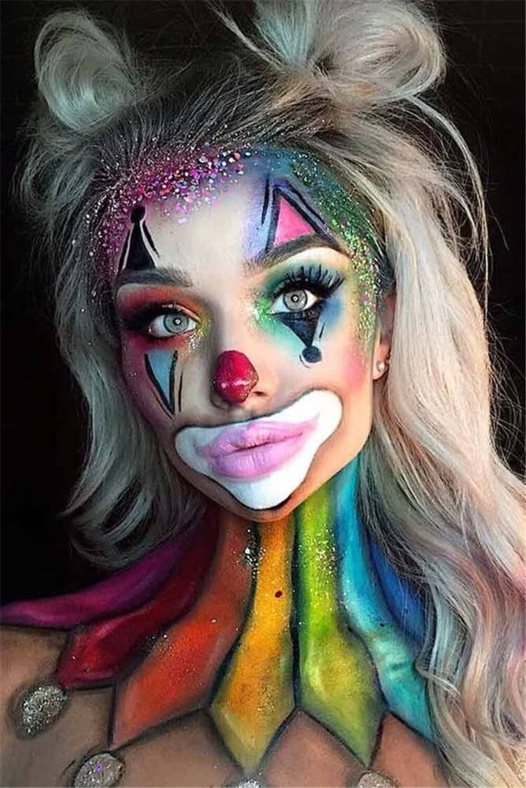 magnifique maquillage coloré pour halloween femme clown