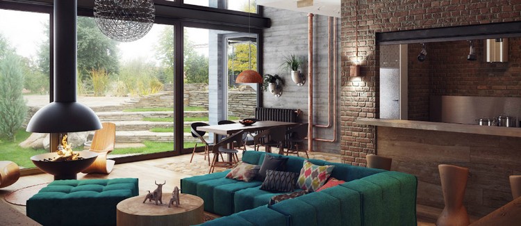 meubles de salon -style-loft-canape-vert-ottoman-mur-brique-cheminee-gaz