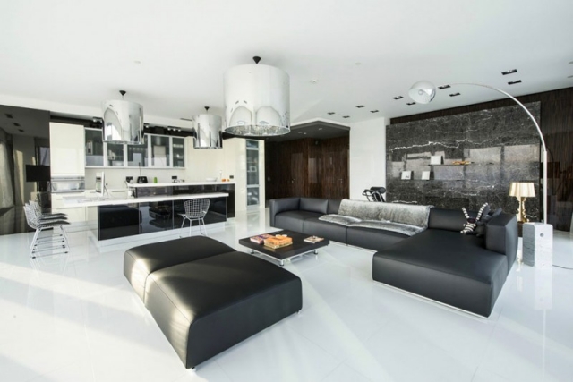 meubles de salon moderne-canapé-angle-cuir-noir-monochrome