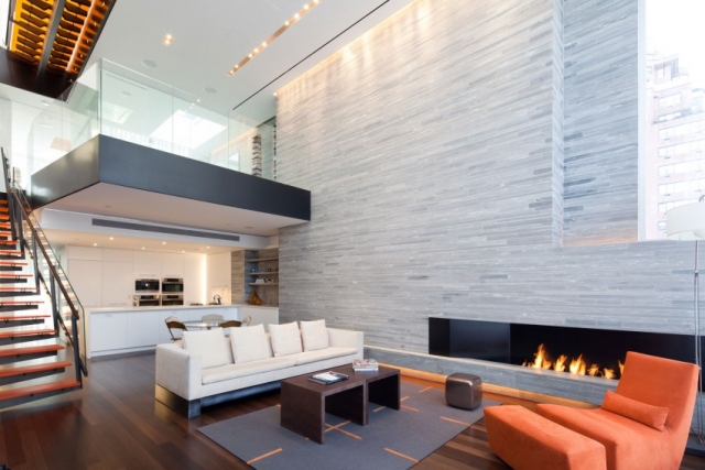 meubles de salon moderne-penthouse-cheminée-escalier-droit