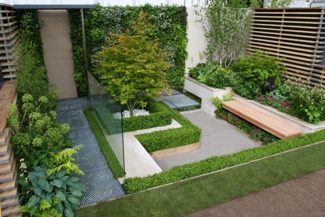 mini-jardin-moderne-aménagement-extérieur-banc-bois