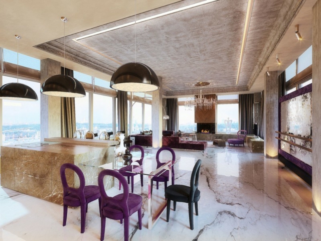 moderne-aménagement-de-salon-marbre-chaises-noires-violettes