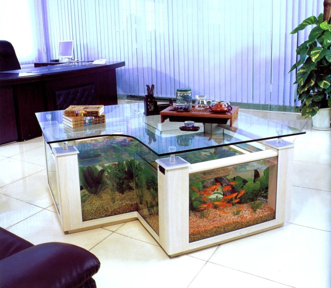 moderne-aquarium-idées-salon-intégré-table-verre