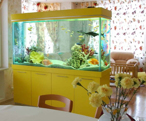 moderne-aquarium-idées-salon-jaune