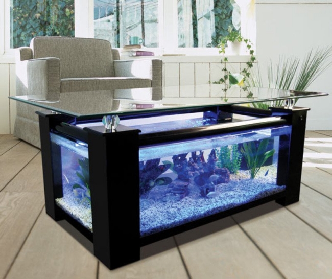 moderne-aquarium-idées-salon-table-cadre-noir