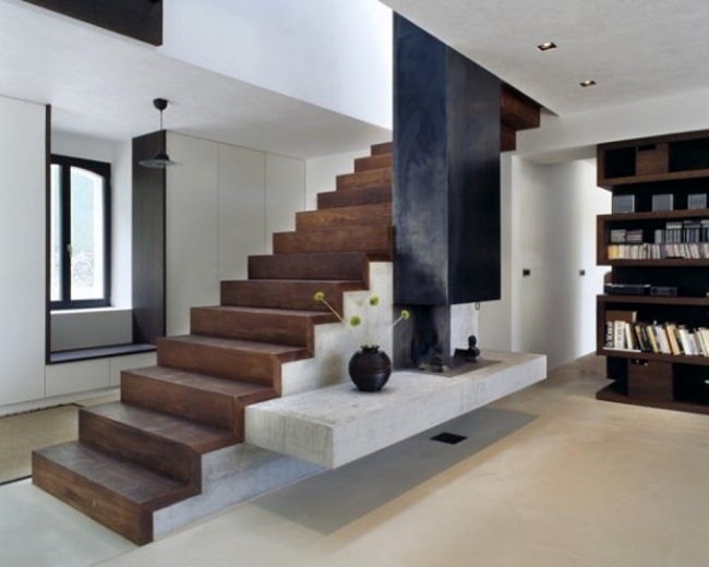 moderne-salon-design-escalier-bois-balustrade