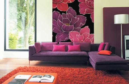 papier peint décoratif à motifs floraux salon-lilas-rose