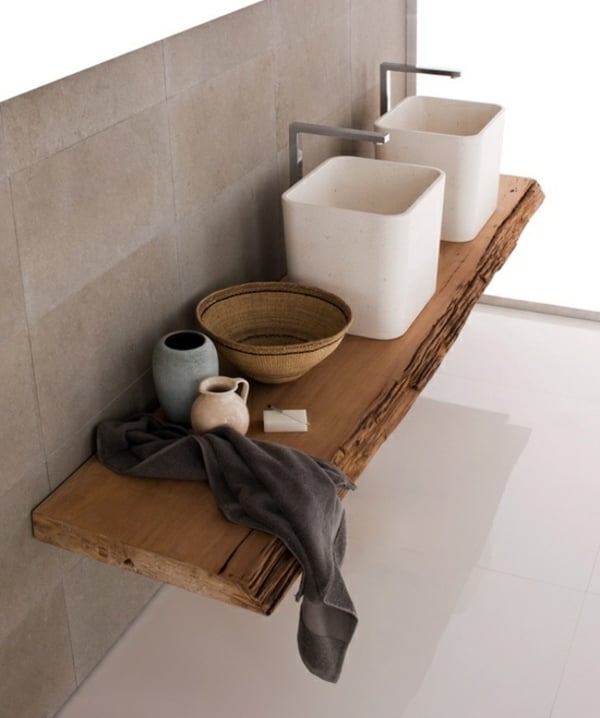 salle de bain moderne double-lavabo-carre-support-bois