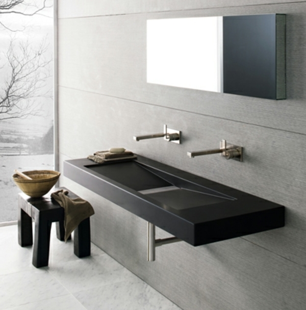 salle de bain moderne double-lavabo-noir-robinet-tabouret