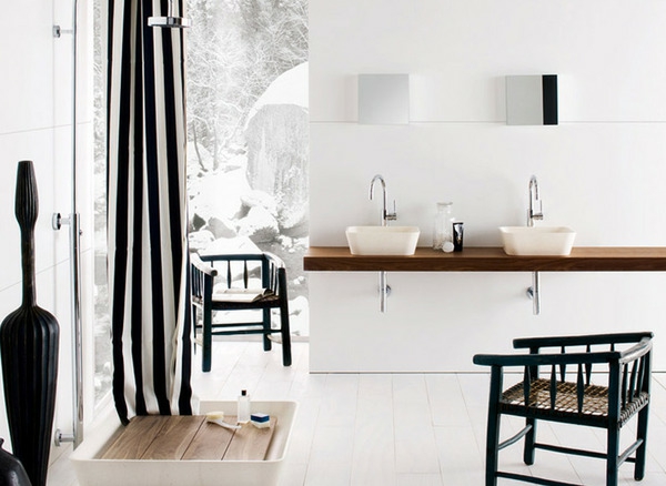 salle de bain moderne double-lavabo-porcelaine-support-bois-chaises