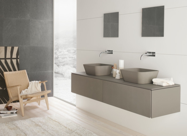 salle de bain moderne minimaliste-double-lavabo-gris-blanc-miroir-carré