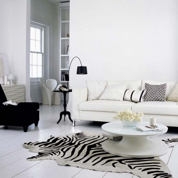 salon moderne en blanc et noir design-graphique-tapis-zébré