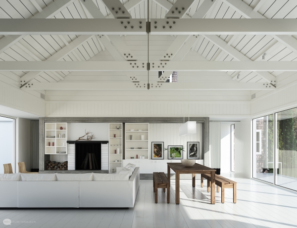 salon moderne en blanc solives-plafond-accents-bois