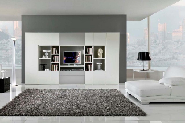 salon moderne en blanc tapis-mur-gris-conception-monochrome