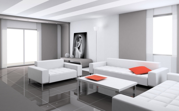 salon-moderne-minimaliste-blanc-gris-lignes-droites-accent-orange