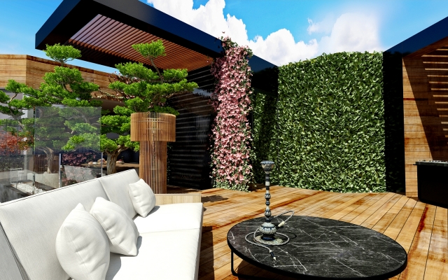 аménagement de terrasse idée-originale-plantes-grimpantes-canapé-table-ronde